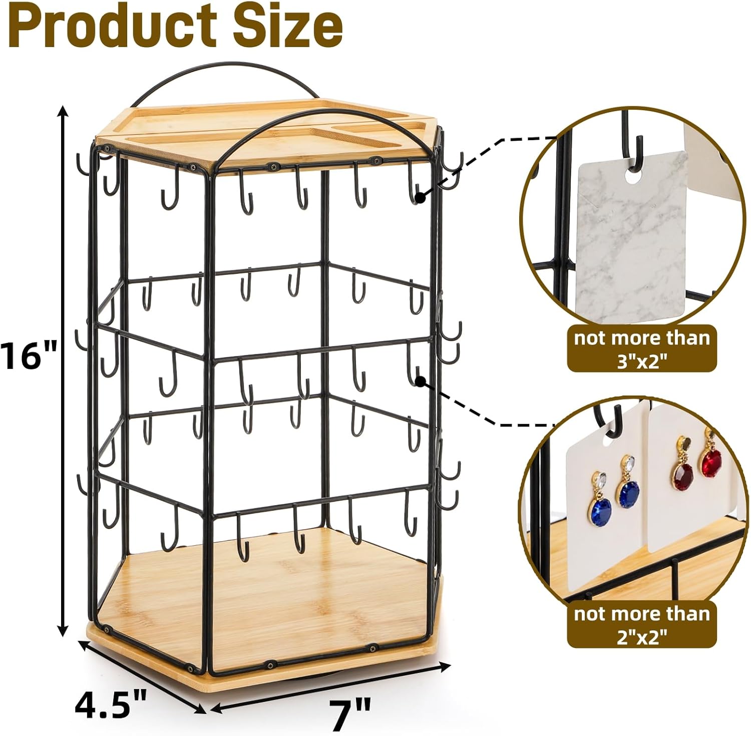 Rotating Earring Display Stand for Vendors, 48 Hooks Hexagon Bamboo Jewelry Holder, Large Capacity Jewelry Storage Showing Rack for Selling, Store, Home, Necklace Bracelet Keychain, 3 Tiers
