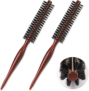 Small Round Hair Brush, 2 Pcs Natural Boar Bristle Blow Drying Brushes with Wood Rat Tail Handle, Professional Teasing Brush Styling Tools for Women's Short, Thin Hair