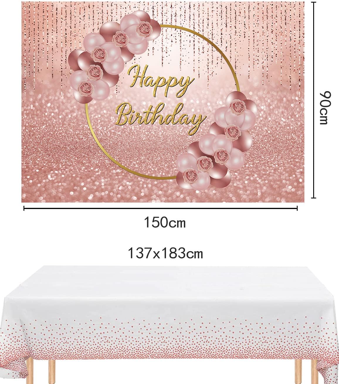 Rose Gold Happy Birthday Backdrop and Pink Rose Gold Tablecloth 2 Pieces, Glitter Sweet Princess Girls Birthday Party Background Dessert Cake Table Decoration Prop (5x3 ft)