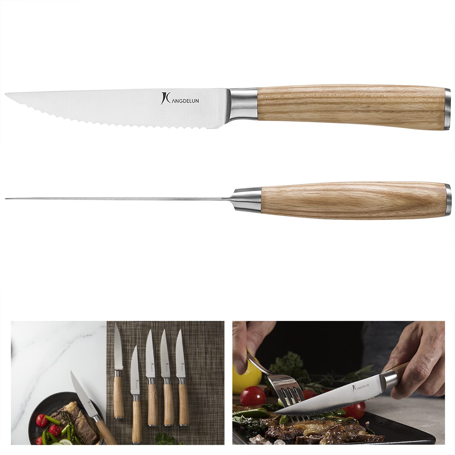 kangdelun Série Natura Ensemble de 6 couteaux à steak dentelés de 11,5 cm, en acier inoxydable à haute teneur en carbone, manche en bois couleur bois naturel