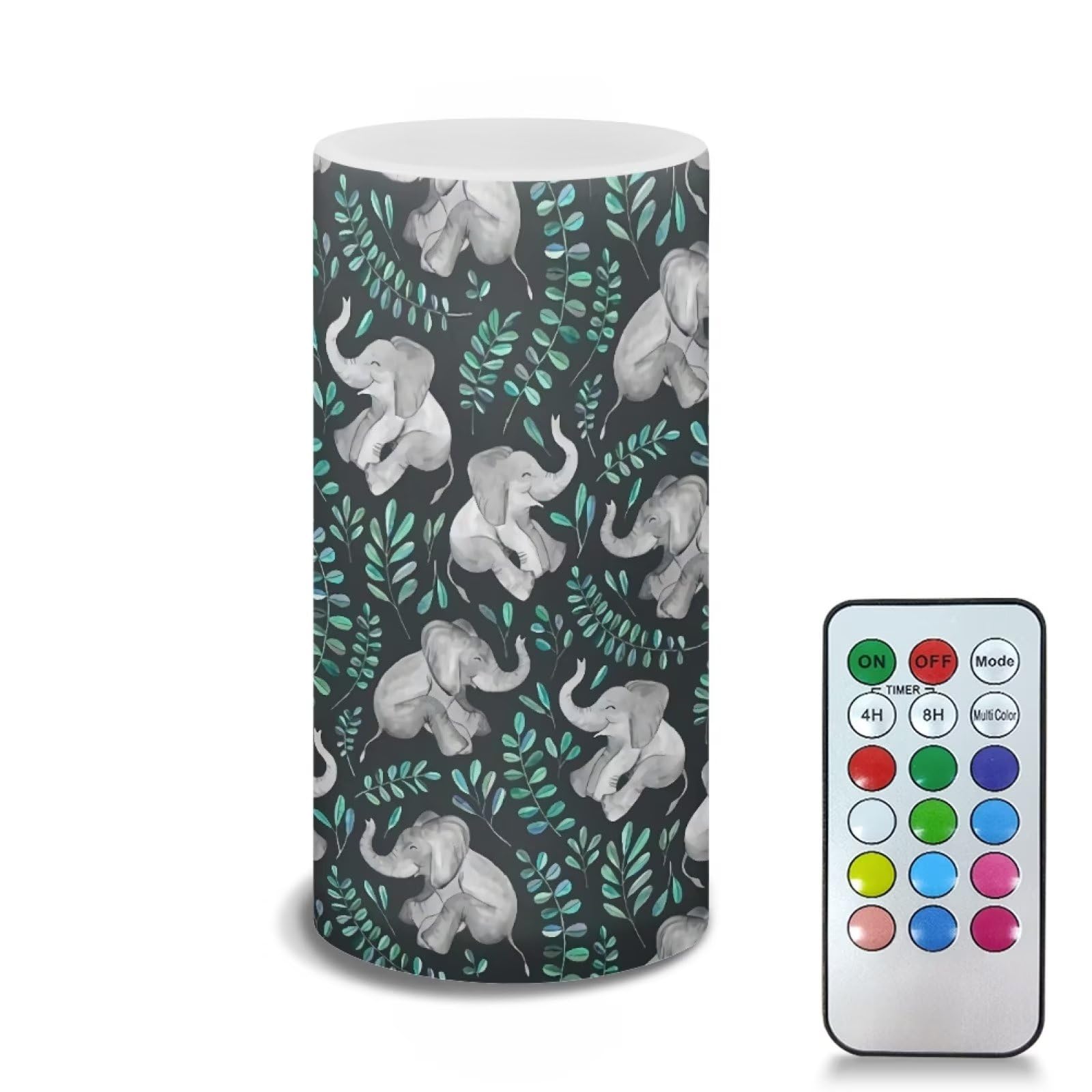Xoenoiee Elephant Green Leaf Print Flameless Candles LED Candles Battery Operated Candles with Remotes and 4/8 Hours Timer Wedding Decor