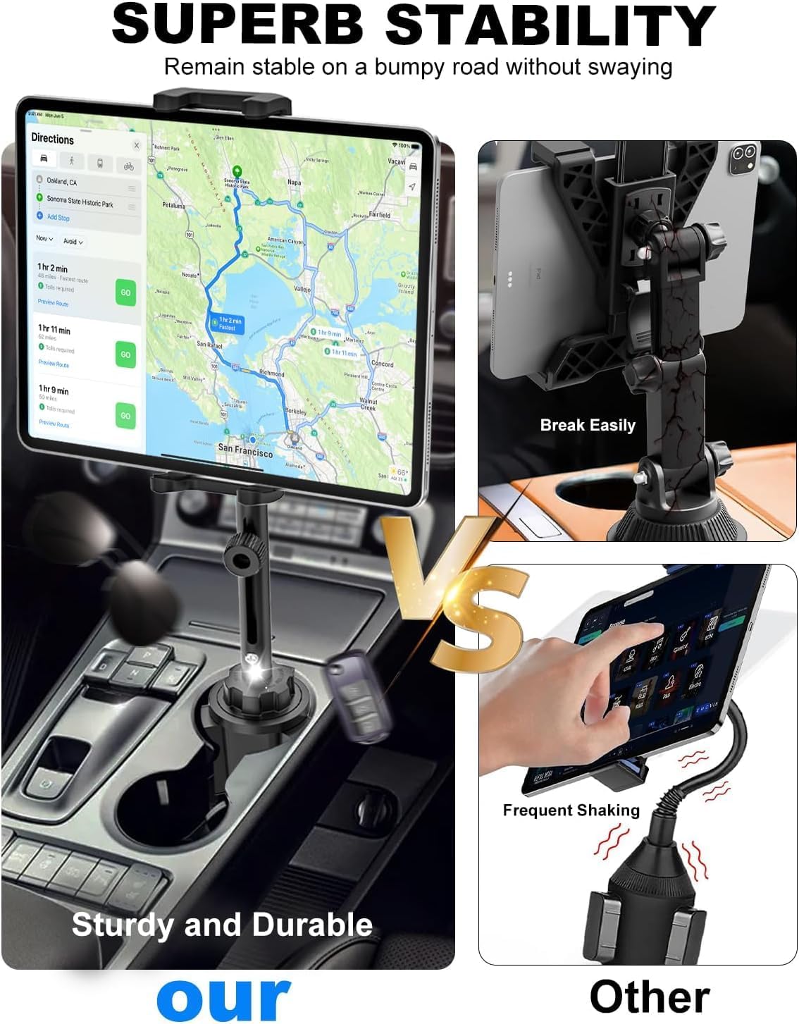 Heavy Duty iPad Cup Holder Car Mount with Adjustable Long Metal Arm, Cup Holder Tablet Mount for Car/Truck, Compatible with iPad Pro Air Mini, Galaxy Tab, iPhone 16 and 4.7-13" Devices