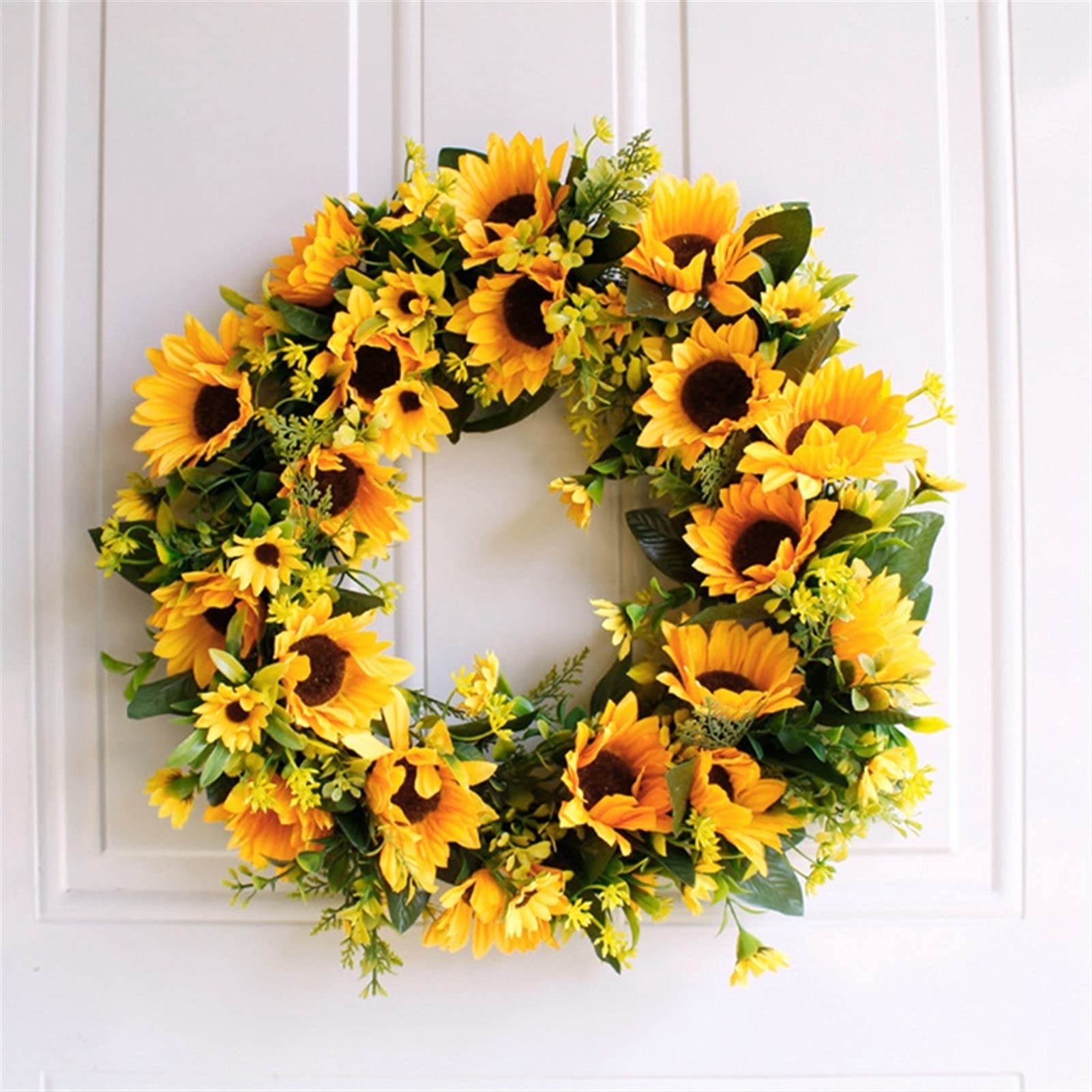 16 inch Decorative Fake Flower Wreath with Yellow Sunflower and Green Leaves ，Practical Artificial Sunflower Summer Wreath