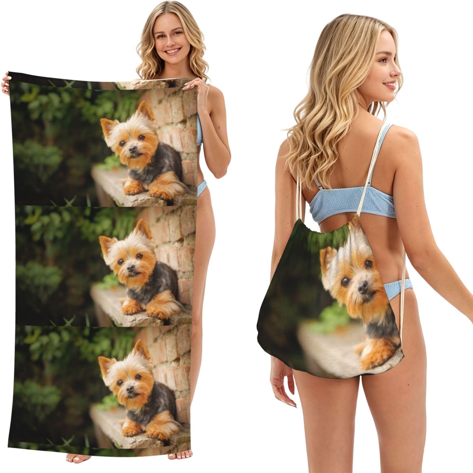 Poadnly As Picture Yorkshire Terrier Bokeh Cute Dogs Wall, 2 In 1 Packable Towel Bag, Beach Towels With Drawstring Backpack For Travel Holiday Camping