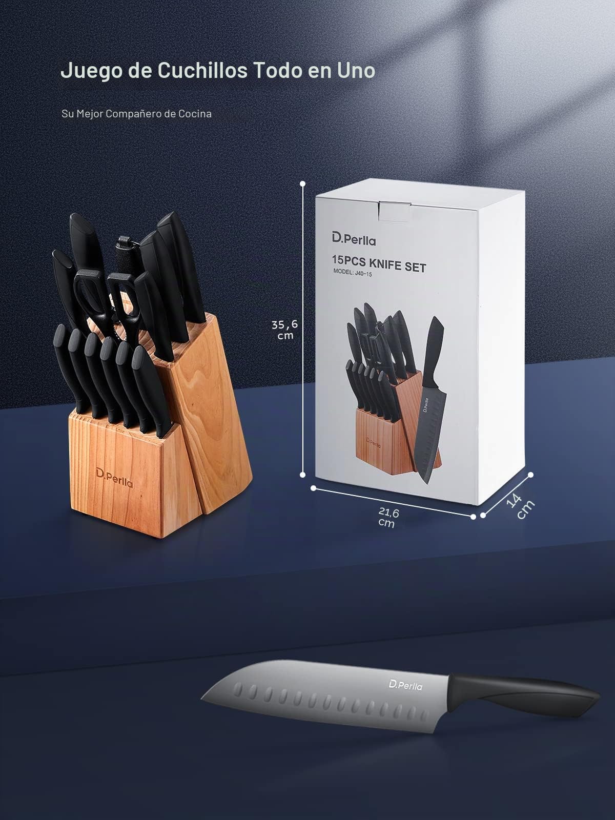 D.Perlla Juego de Cuchillos de Cocina, 15 Piezas Negro Revestimiento Antiadherente Set Cuchillos Cocina, Acero Inoxidable de Alto Carbono, Afilado y Antioxidante, con Bloque de Madera