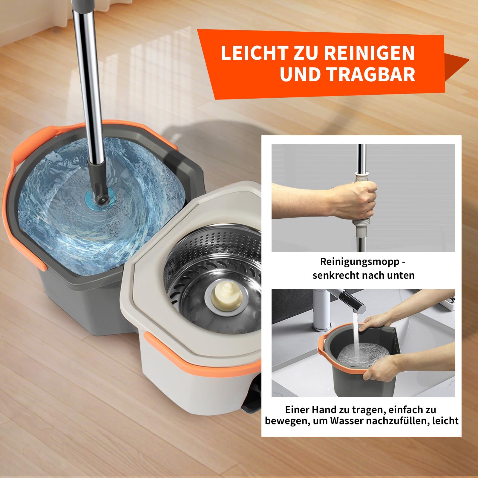 Wischmopp Set mit Eimer und Fußpedal, Bodenwischer mit geteiltem 2-Kammern-Putzeimer, Auswringfunktion & Edelstahlstiel, inkl. 3 Mikrofaser-Pads, Komplettset für Laminat & Fliesen (Hellgrau)