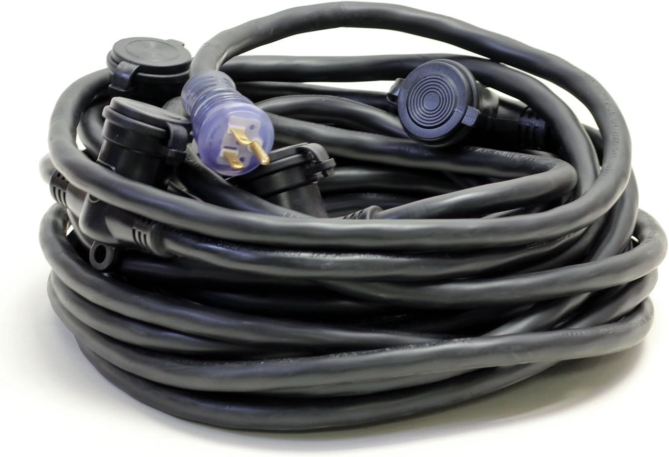 50-Foot 12/3 Black Outdoor Multi Outlet Extension Cord 5 Water Resistant Covered Outlets