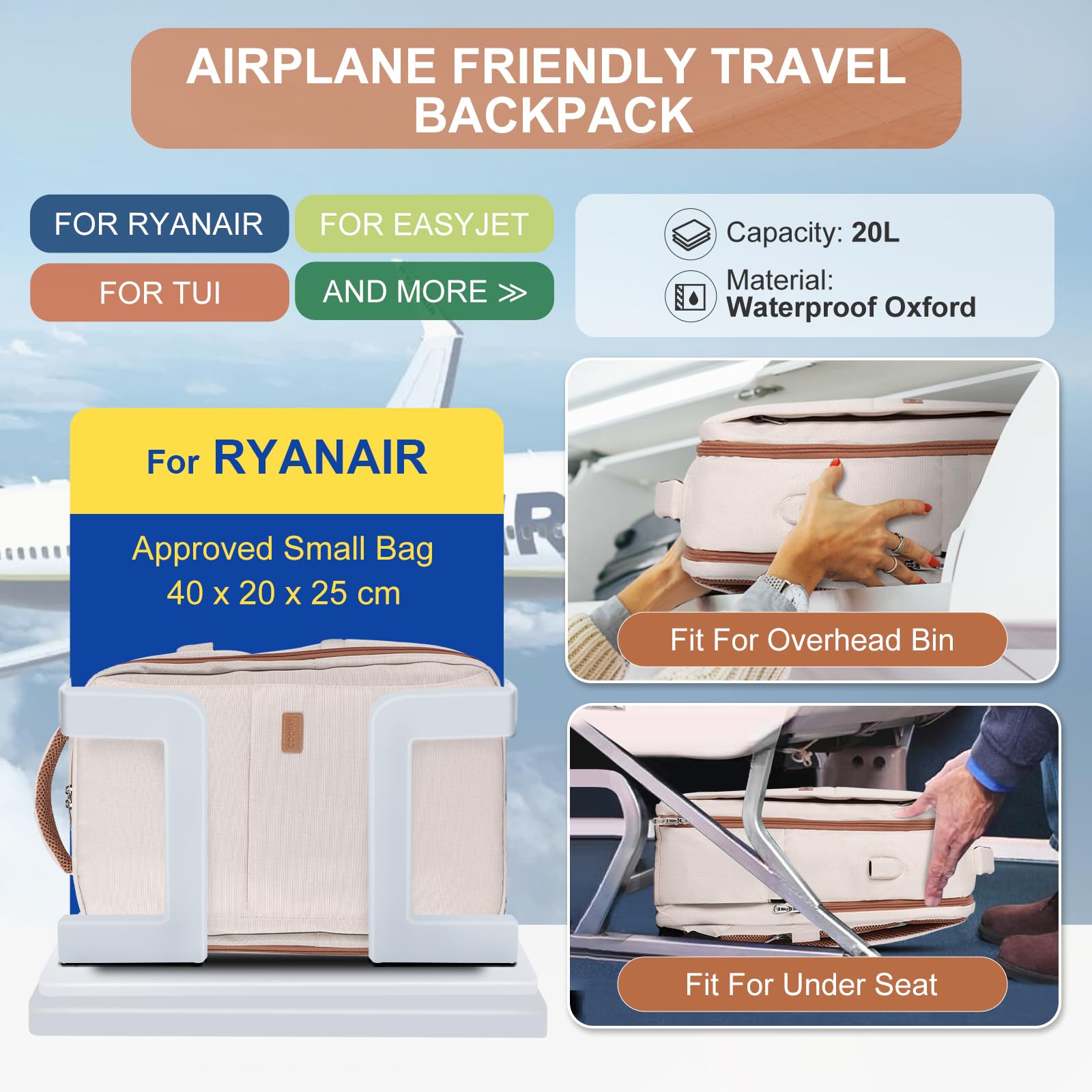 SZLX Borse da Viaggio 45x36x20 Zaino Easyjet Donna Zaino Ryanair 40x20x25 Bagaglio a Mano Zaino impermeabile uomo trekking, Borsa da Viaggio Cabina aereo Zaino per Laptop con Porta di ricarica USB