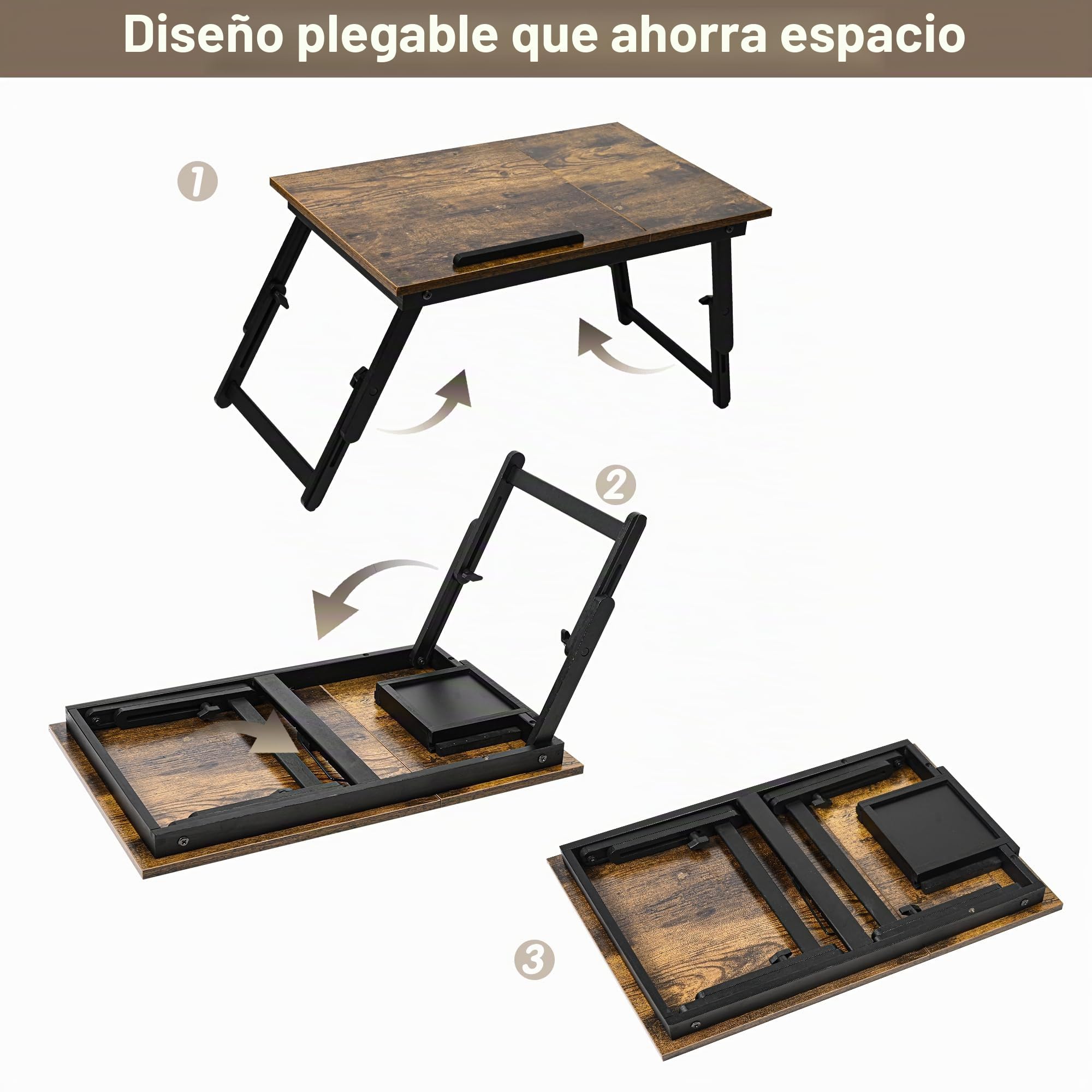 VASMIA Mesa Plegable de bambú para Cama y sofá, Bandeja de Desayuno, con Patas Plegables, Altura Regulable, Estante de Cama, Plegable, Marrón Vintage