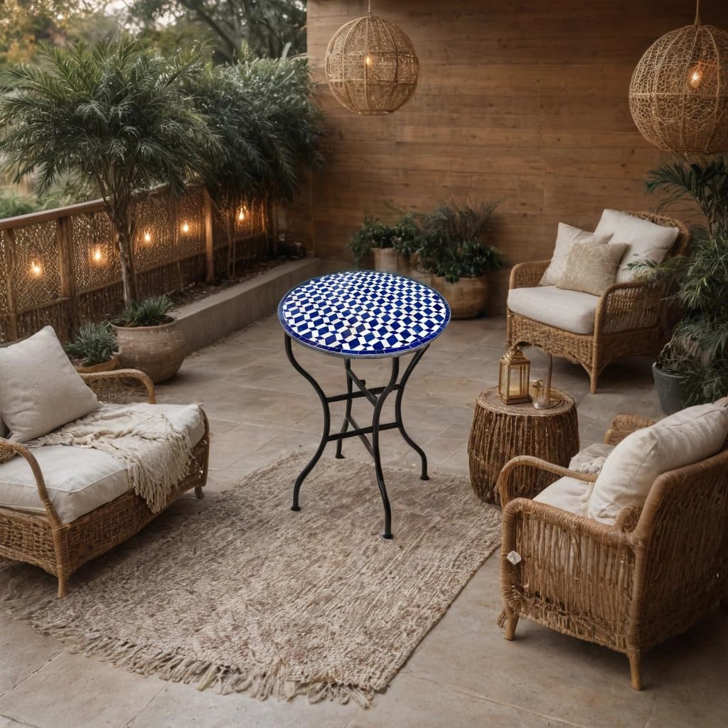 Marrakech Mesa de mosaico marroquí redonda, 60 cm de diámetro, plegable, hecha a mano, de Marruecos, mesa de bistró, jardín, balcón, terraza, mesa de jardín con mosaico, Moro azul y blanco, mesa
