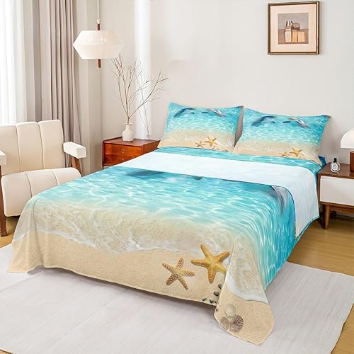 Lindo juego de sábanas de delfín tamaño King, juego de ropa de cama de estilo océano hawaiano de 4 piezas para decoración de habitación de niños,