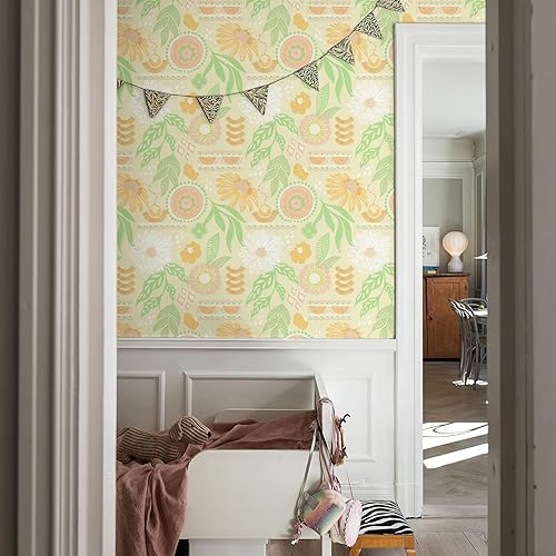 Miniatura 5 de Simon&Siff Papel tapiz bohemio para despegar y pegar, 17.3 x 120 pulgadas, diseño floral de sol, retro, extraíble, flores botánicas oscuras, mural