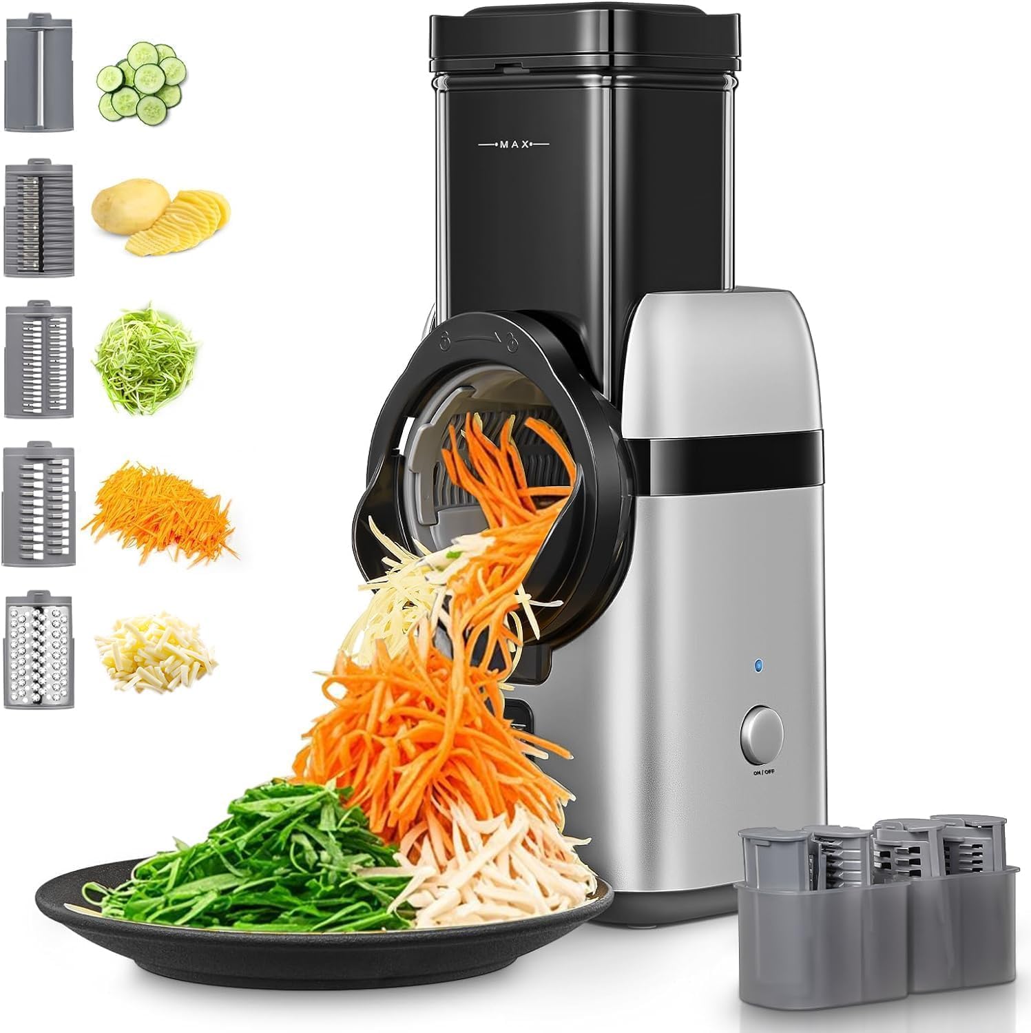 Product image of FOHERE Electric Cheese Grater, 5-in-1 Electric Grater, Large and Small Feed Chute, One Touch Easy Control, Multi Salad Maker for Vegetables, Cheeses, Fruits, and Nuts