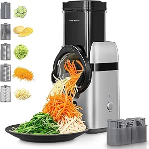 FOHERE Electric Cheese Grater, 5-in-1 Electric Grater, Large and Small Feed Chute, One Touch Easy Control, Multi Salad Maker for Vegetables, Cheeses, Fruits, and Nuts