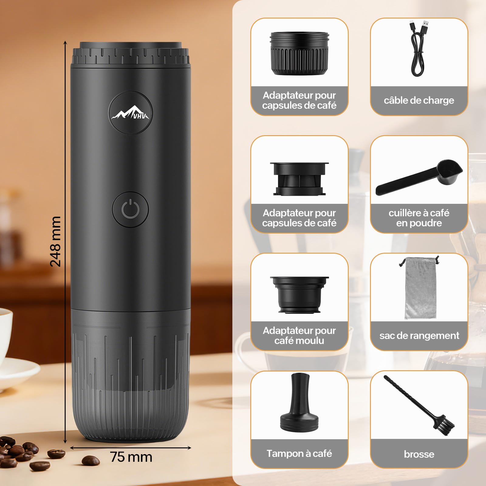 VHV Machine à Cafe Portable, Cafetière Portable 3 en 1 Compatible avec les Capsules Espresso et Poudre de Café, Rechargeable Pour Voyage, Camping, Voiture, Maison (Noir)