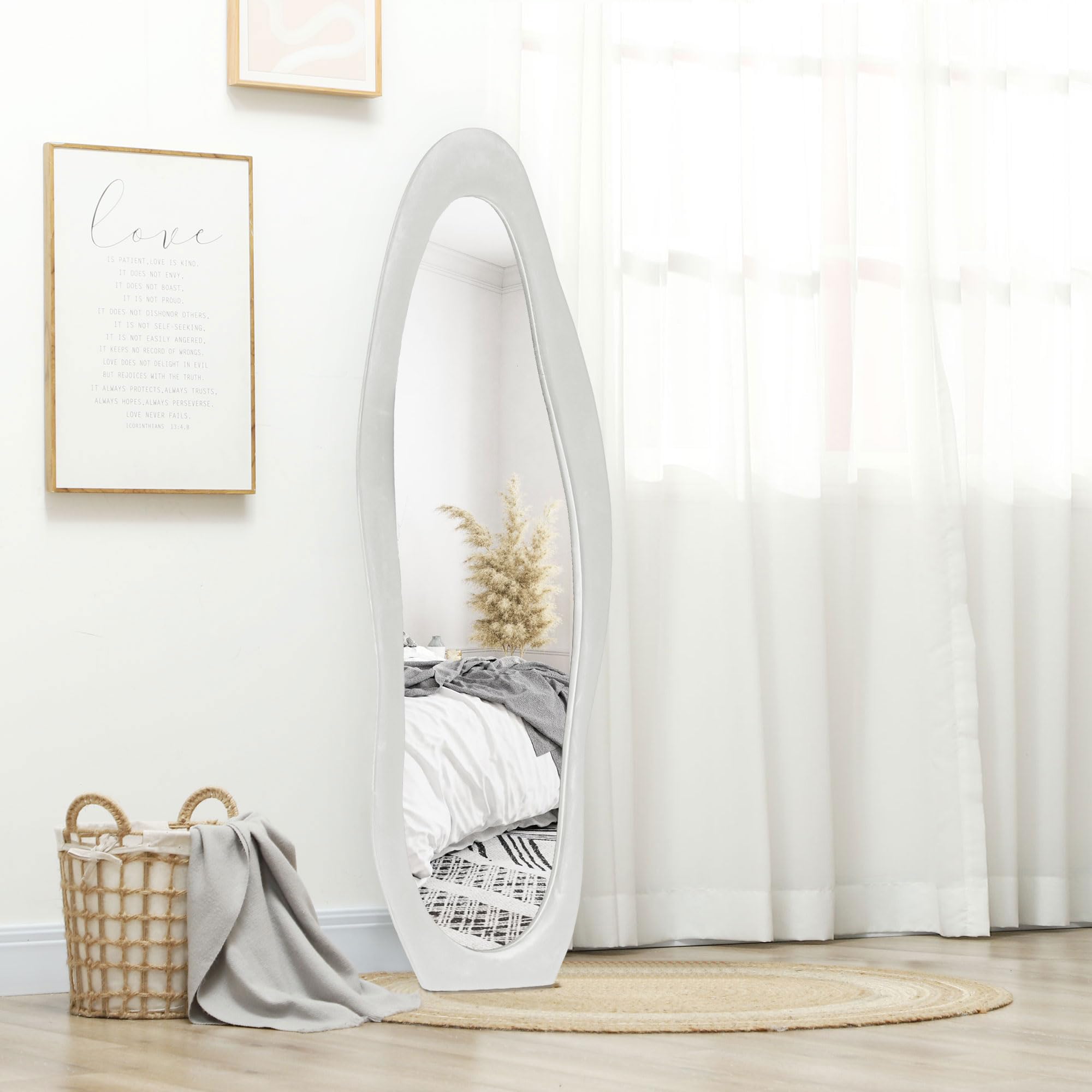 HOMCOM Miroir sur Toute la Longueur, 50 x 160 cm, avec revêtement en Velours, Miroir Mural ondulé irrégulier pour Chambre à Coucher, Salon, Blanc