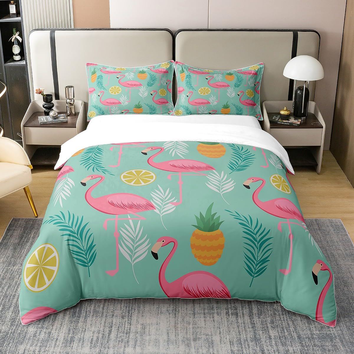 Rosa Flamingo 100% Baumwolle Bettbezug 155x220,Tropische Palmenblätter Tröster Abdeckung Grün Botanische Bettwäsche Set Zitrone Ananas Bettwäsche Sammlung Pflanzen Tier Thema Schlafzimmer Dekorativ
