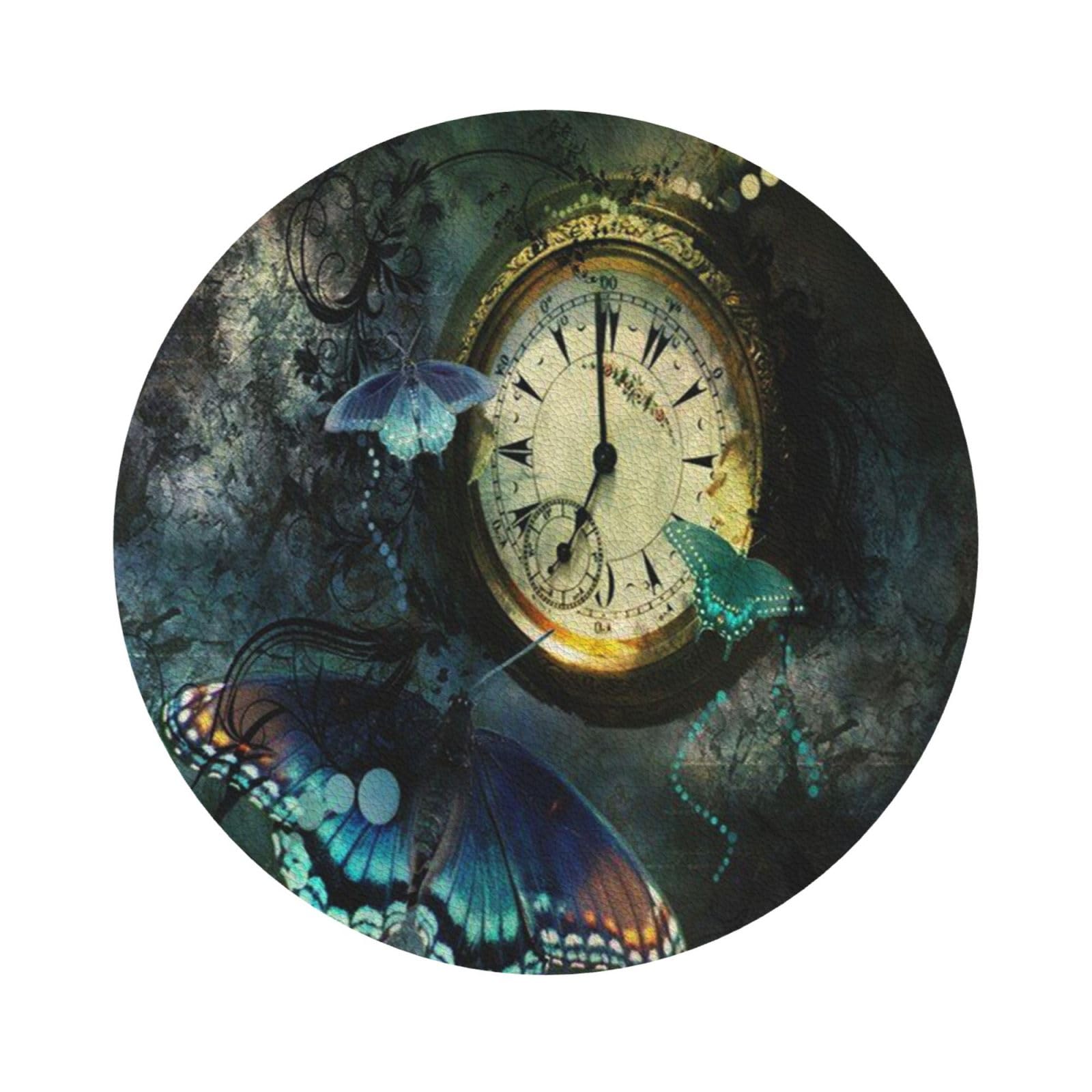 Clock Butterfly PU Leather Coasters Set of 6 Round Drink Coasters