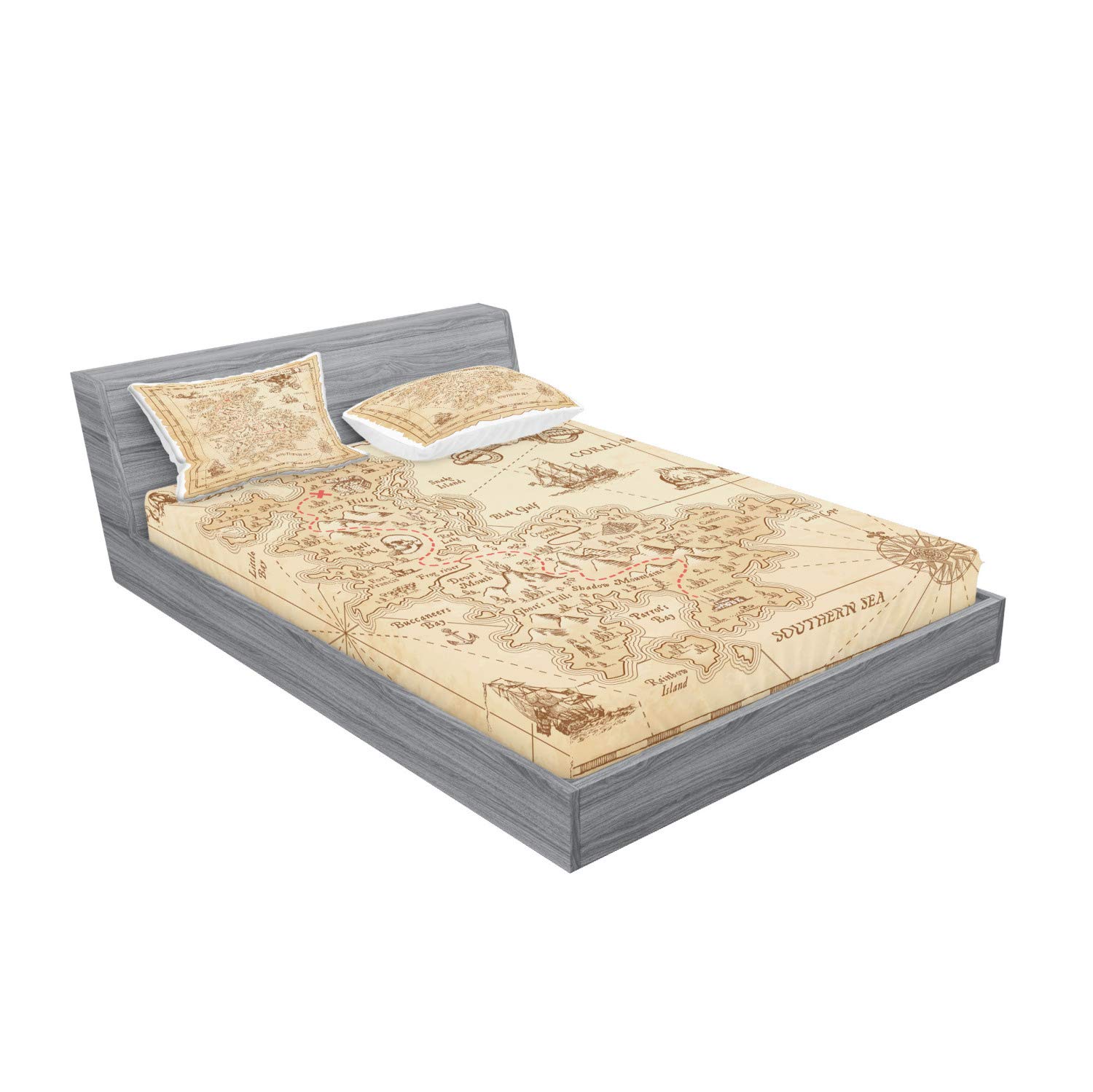 Ambesonne Island Fitted Sheet & Pillow Sham Set, Old Antique Treasure Map Details Retro Color Adventure Sailing Pirate Print, Decorative Printed 3 Piece Bedding Decor Set, King, Cream Beige