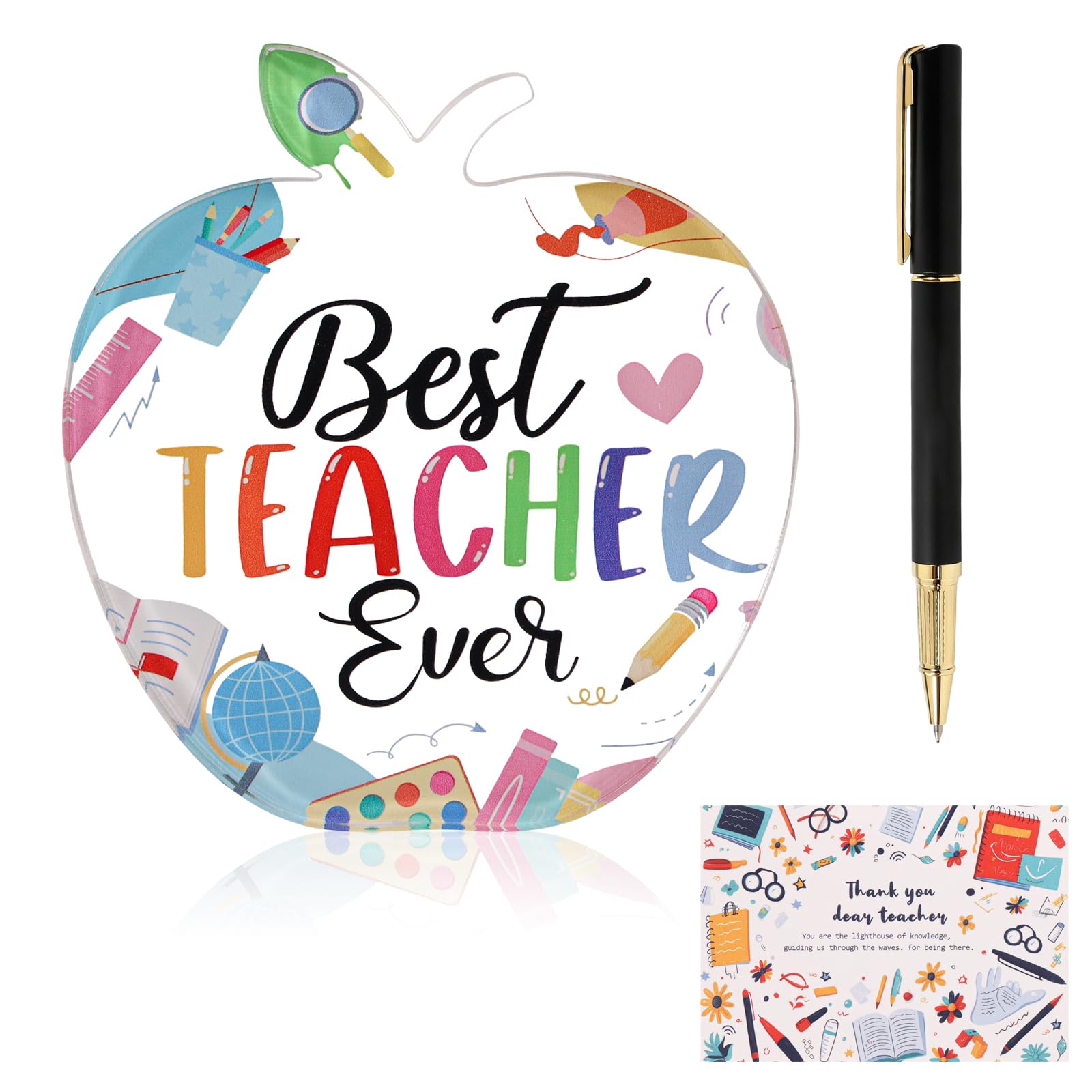 Teacher Appreciation Gifts Set, Acrylic Desk Decor Thank You Card and Engraved Ballpoint Pen, Perfect Teacher Gifts for End of Semester Graduation Christmas Birthday (Apple-shaped)