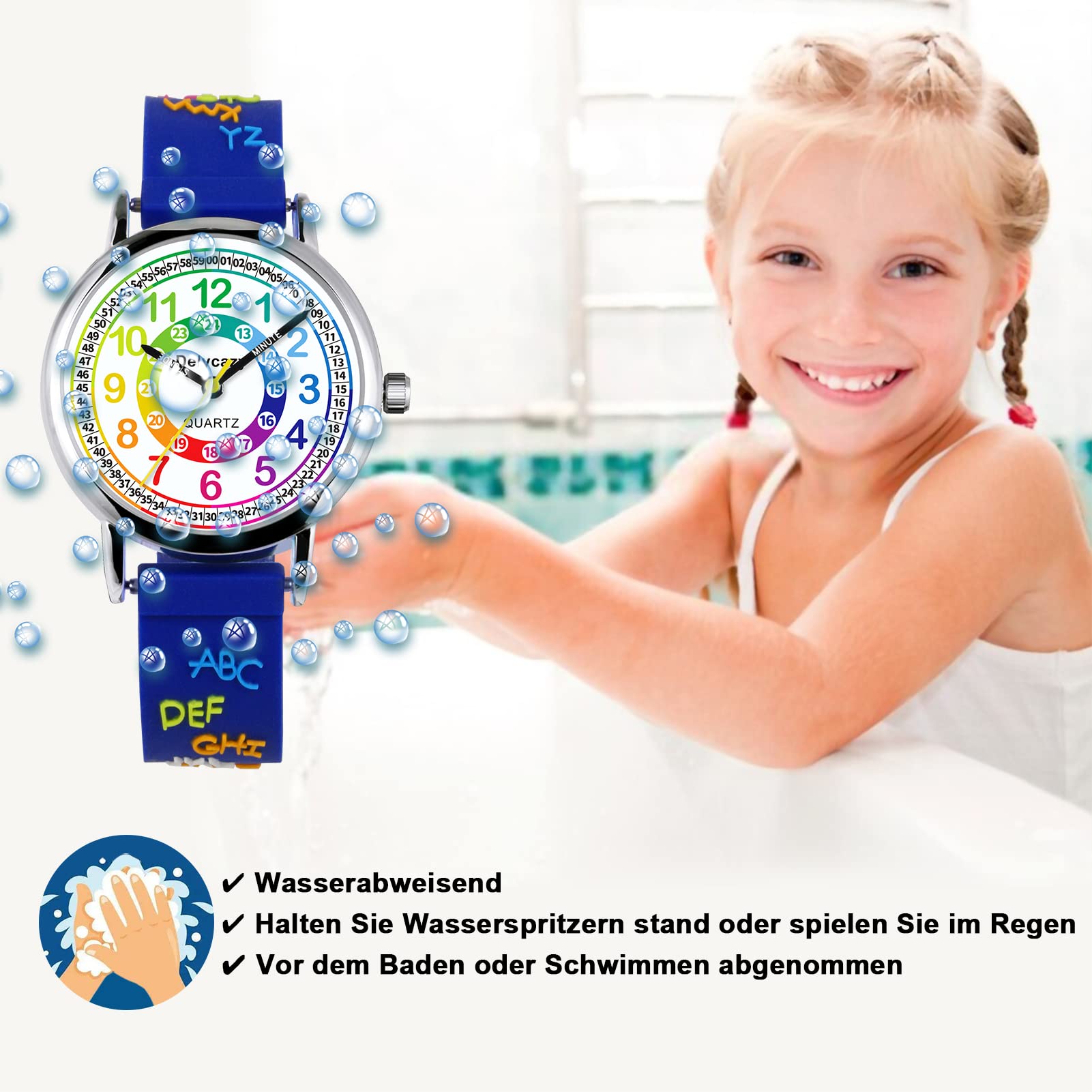 Delycazy Kinderuhr Mädchen Junge, Kinder Armbanduhr lernuhr Analoge kinderuhr Lern Armbanduhr mit Zeitlernübungen, Hochwertigem Quarzwerk