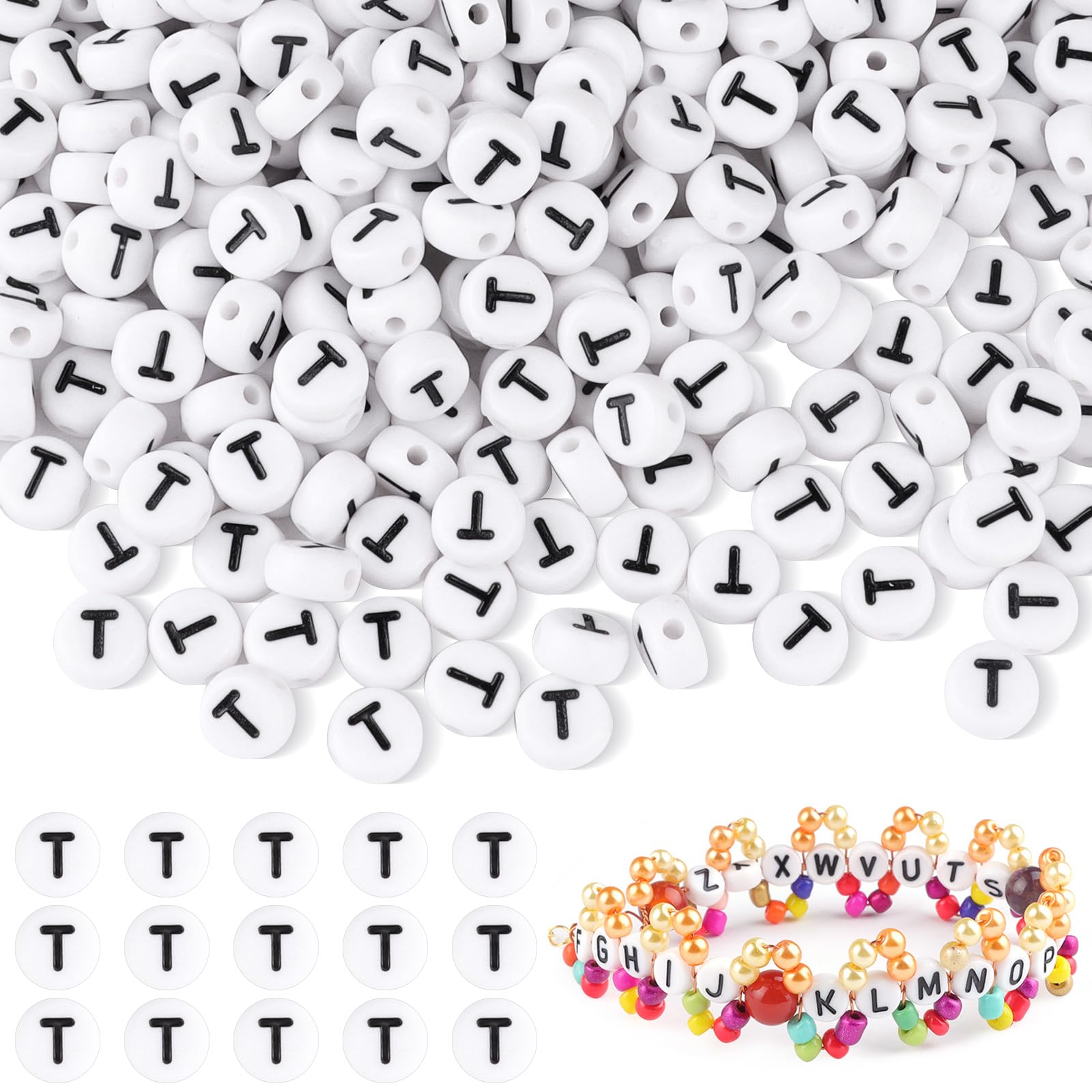 1500 Stück Buchstabenperlen T für Armbänder, BuchstabenPerlen zum Auffädeln, Rund Acryl Spacer Perlen für Armbänder Selber Machen, DIY Schmuck und Basteln