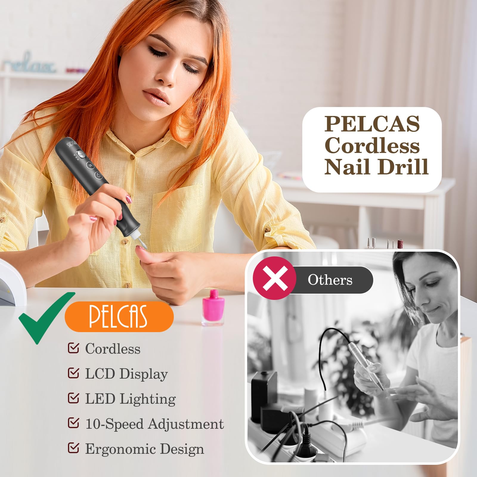 PELCAS Electric Nail Grinder, 10 Speeds Cordless Nail Drill with LED Light, Portable Manicure and Pedicure Kit, Nail File with LCD Screen for Human, Pet, Thick Toenails, Natural & Acrylic Nails Grey - image 3
