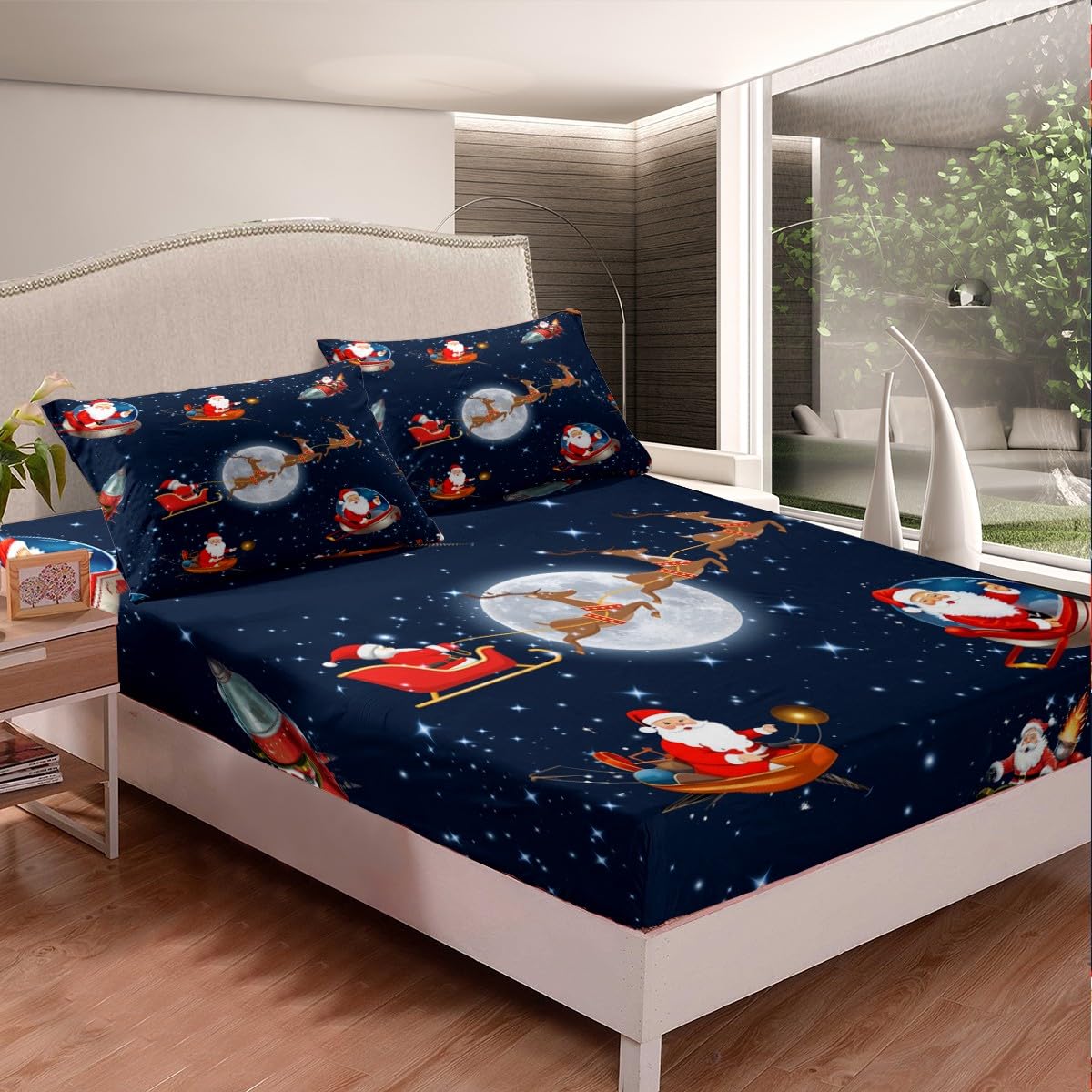 Christmas Fitted Sheet Single Size, Galaxy Santa Claus Reindeer Rocket Bed Cover with 1 Pillowcase - Image 2
