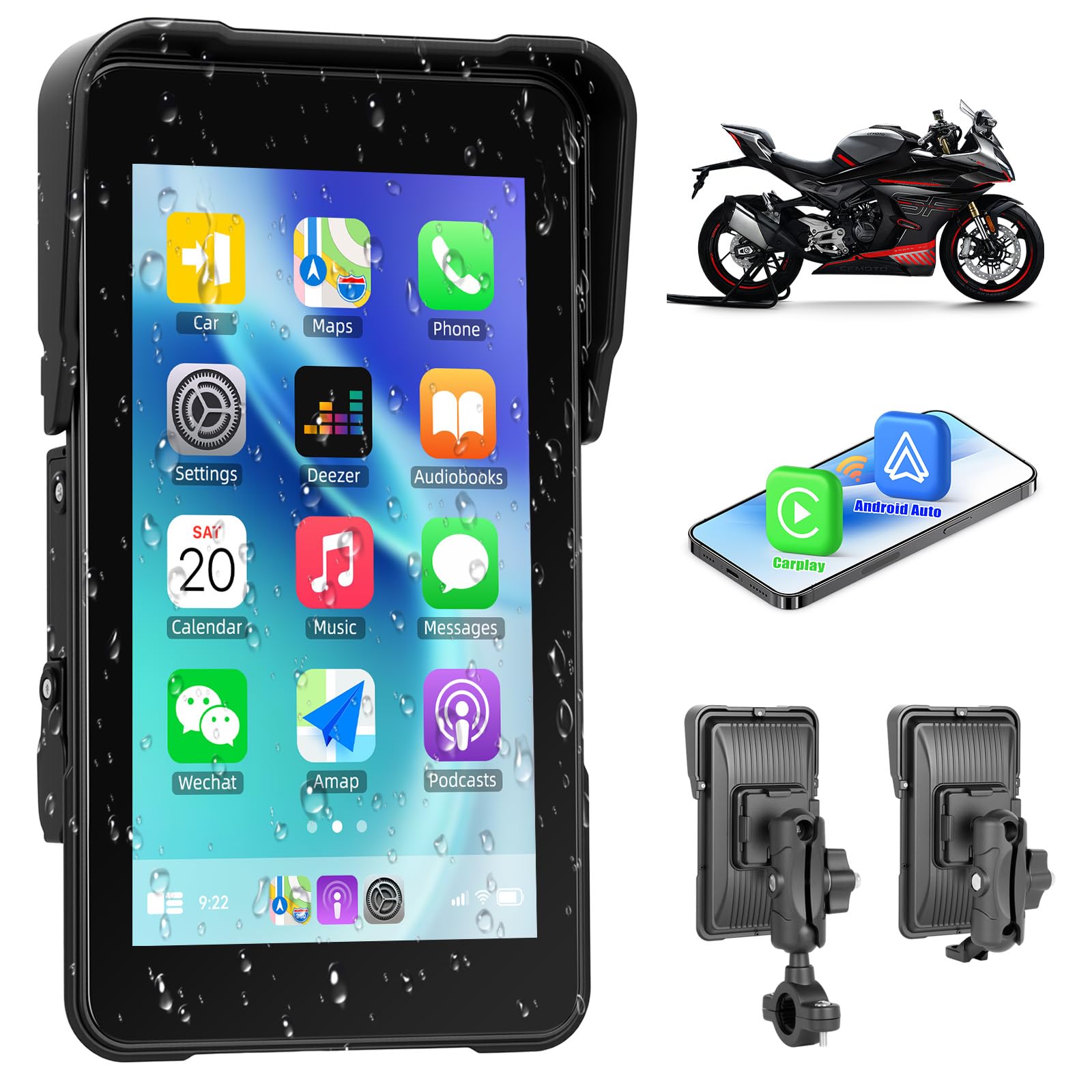 CAMECHO Moto Carplay Navi Écran avec sans Fil Carplay Android Auto IP68 Étanche Appareils de Navigation 5 Pouces Écran Tactile Bluetooth Affichage pour Motos 12V
