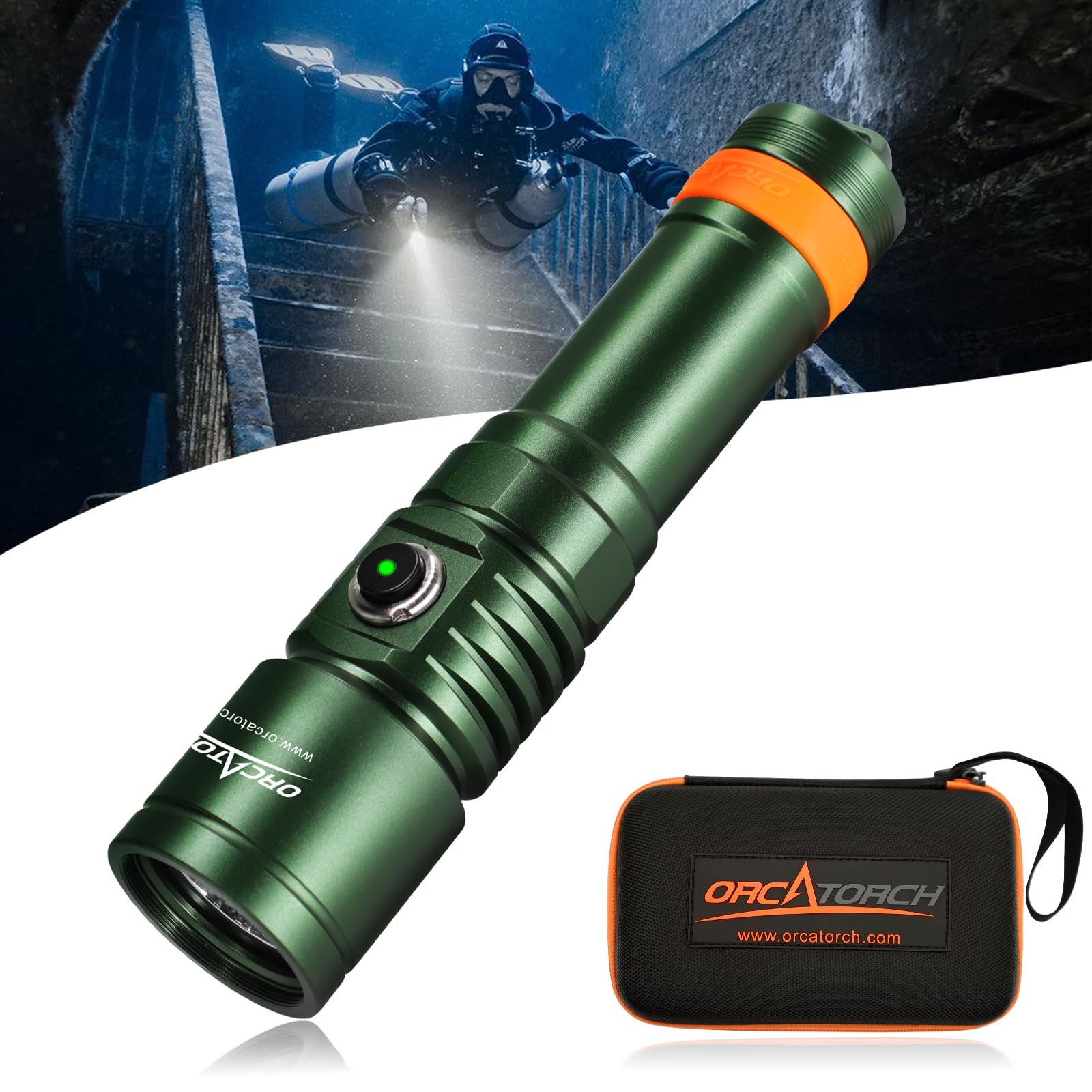 ORCATORCH D710 Dive Light, 3000 Lumens Bright Diving Flashlight, Green