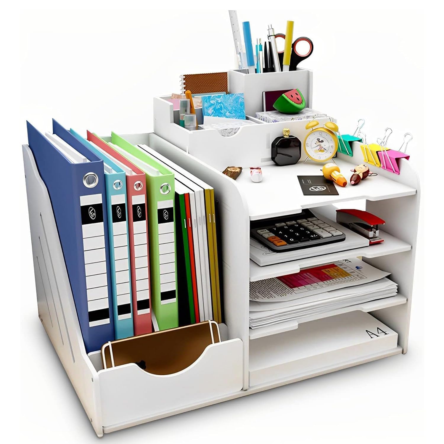 Aputue Wood Desk Storage Organizer, Teacher Desk Organizer Set, Desktop Organizer with 4 Compartments, 3 Pen Holders, Bookshelf, Office Desktop Organizer for Office School Home