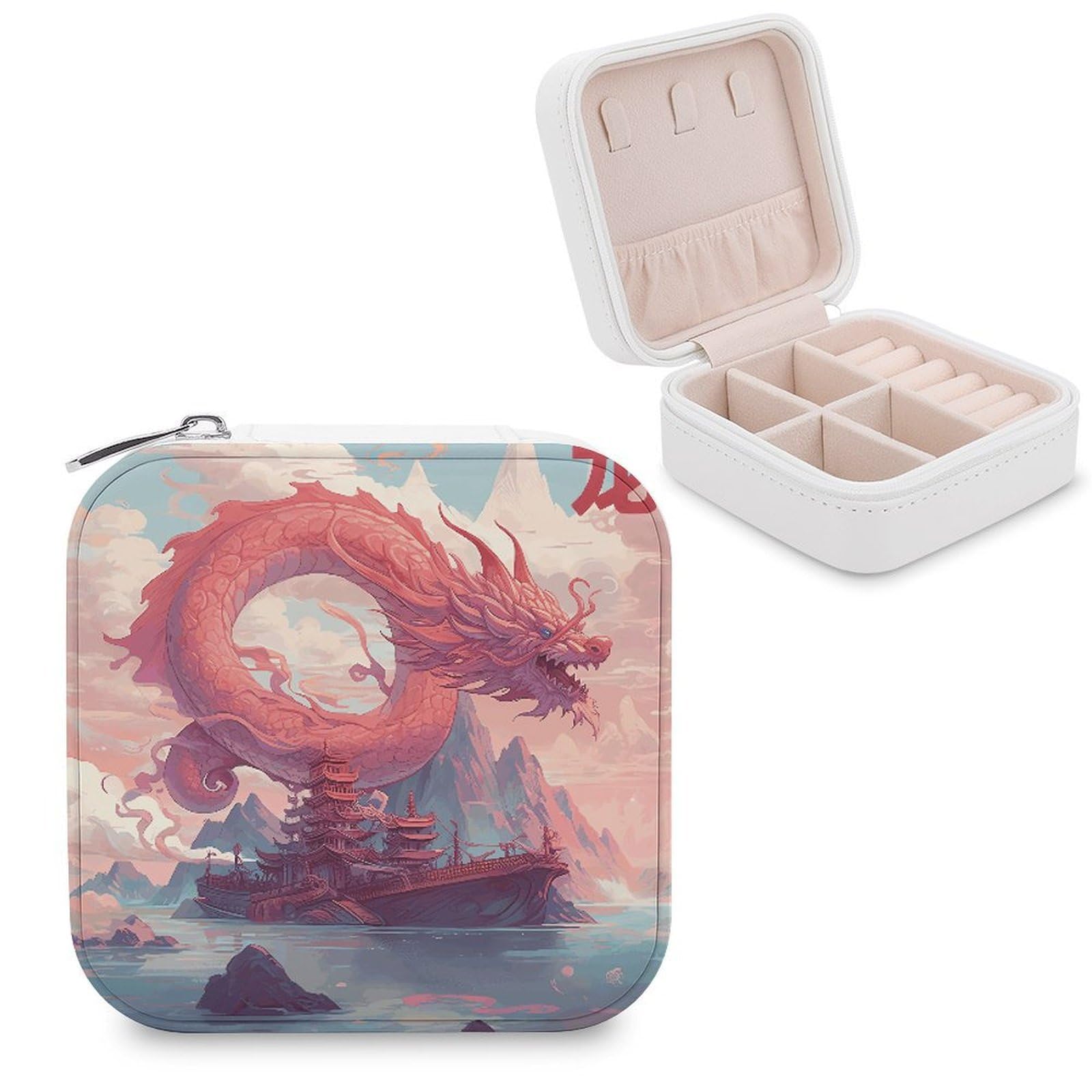 VstaDank Dragon And Cloud Jewelry Box Portable Mini Travel Case Display Storage Holder Boxes PU Leather Small Jewelry Organizer for Women for Stud Earrings Rings Necklaces Bracelets