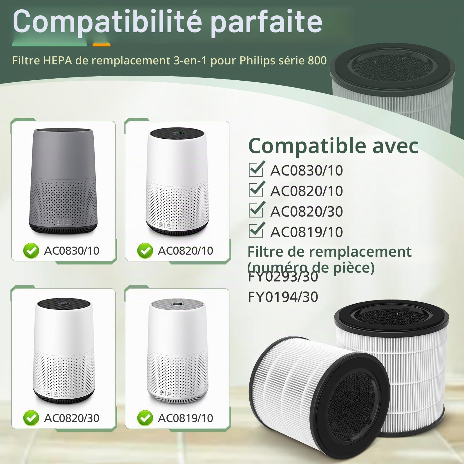 2 filtres de rechange compatibles avec Philips 800 Series - AC0830/10 AC0820/30 AC0820/10 AC0819/10, HEPA 3 en 1 H13 et charbon actif