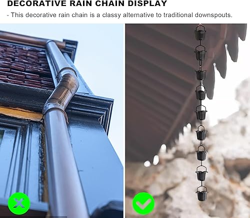 Miniatura 3 de Oracra Cadenas grandes de lluvia de aluminio para canalones, copas desviadoras de agua de lluvia negras, extensión de cadena colgante para villa,