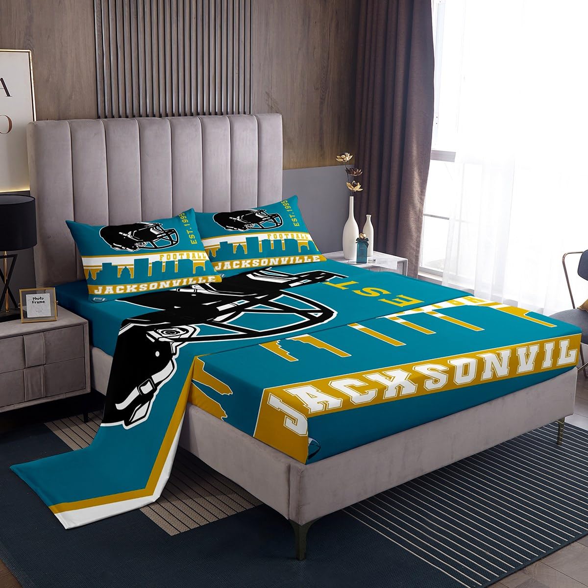 Erosebridal American Football Bed Sheets Set Queen Football City Sheet Set for Kids Teal Football Fans Sheets Rugby Game Bedroom Decor Sports Ball Competition Flat Fitted Sheet(Jacksonville)
