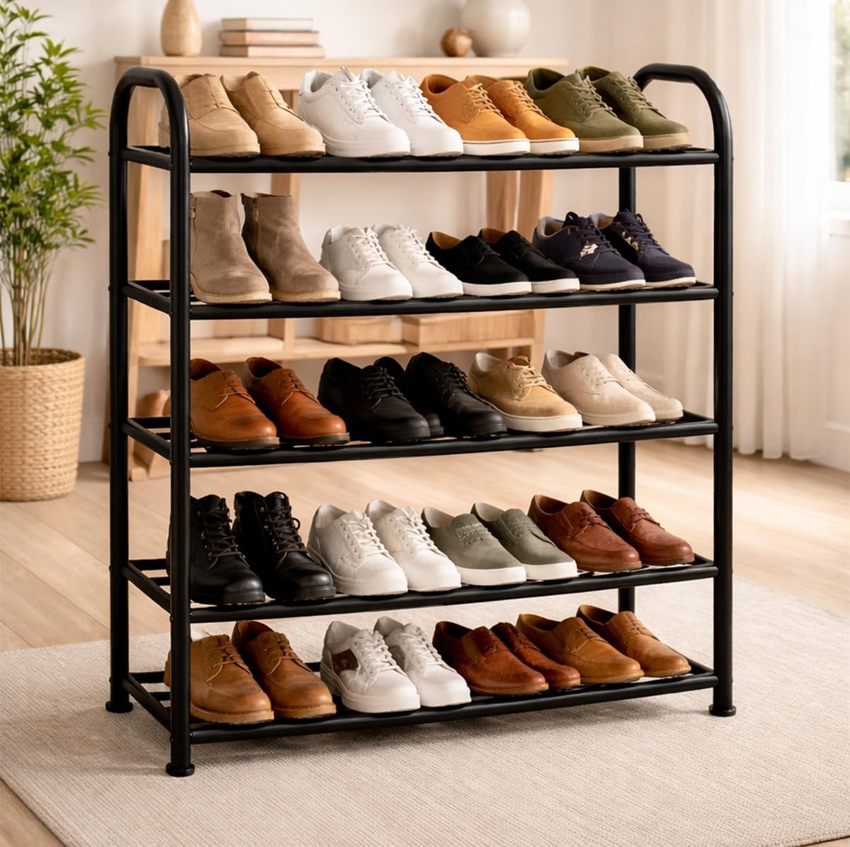 Metal Shoe Rack for Home - Adjustable & Stackable Waterproof Open 5-Tier Shoe Rack for Closet Entryway, Bedroom, Outdoor, DIY Multi-Purpose Carbon Steel Shoe Stand fsfdsf (Black, 5-Shelf)-image-49