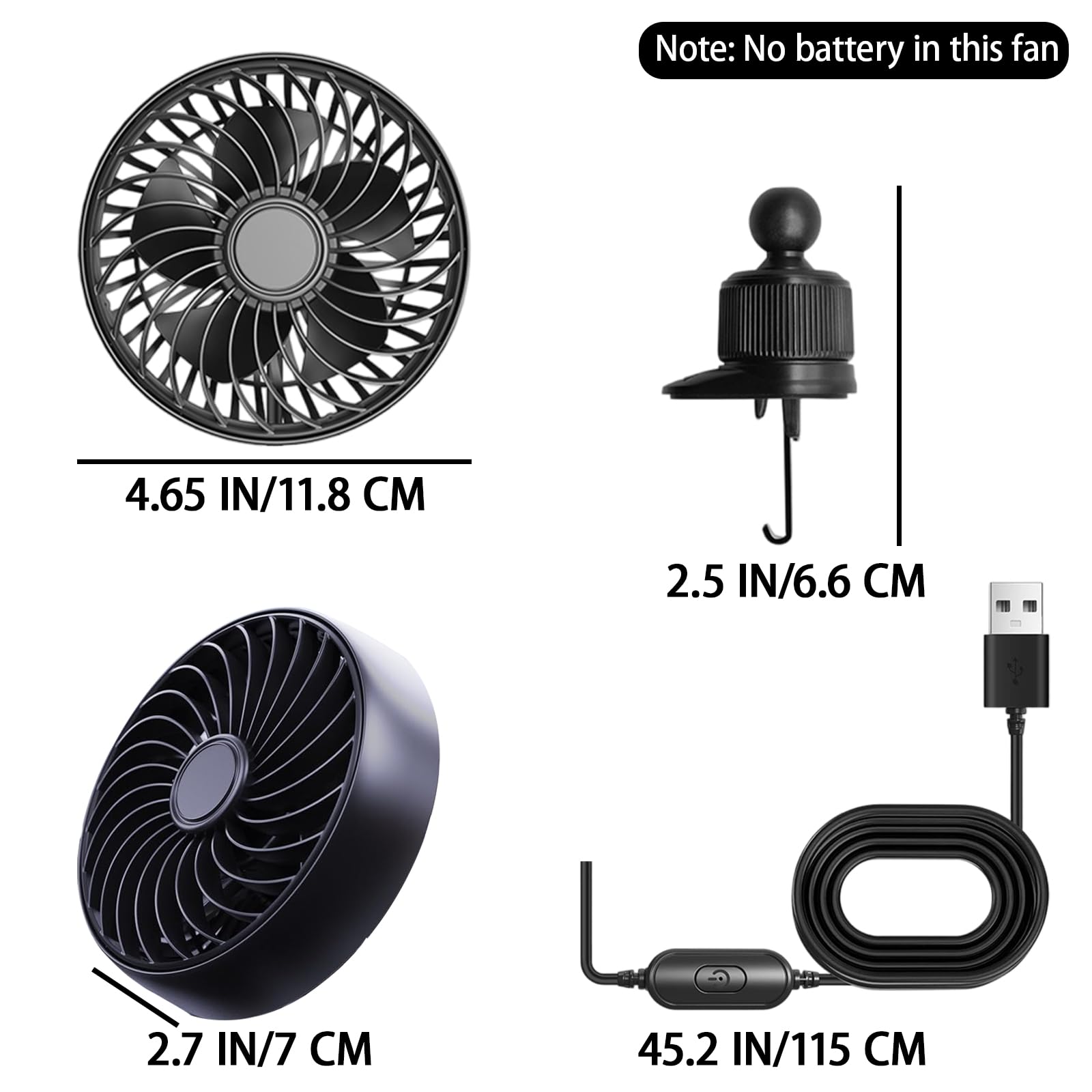 Ventilatore USB per auto con montaggio a gancio, ventola portatile per auto, 5 V/1 A, ventola di raffreddamento per auto, 3 velocità regolabili, girevole a 360°, clip di raffreddamento per la