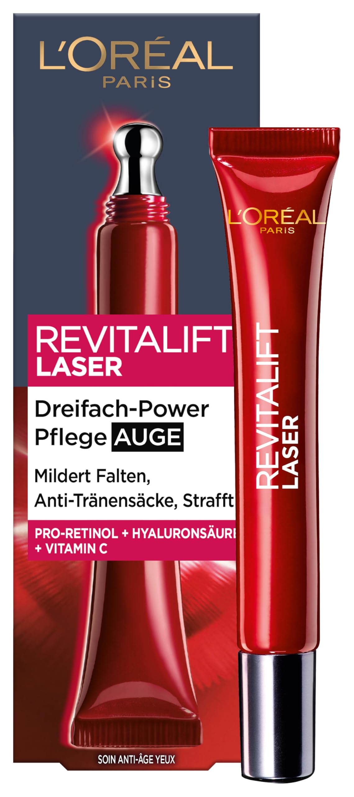 L'Oréal Paris Anti-Aging-Augenpflege mit Dreifachpower für Frauen: für gemilderte Falten, reduzierte Tränensäcke, straffere Haut mit Pro-Retinol, Vitamin C und Hyaluronsäure, RevitaLift Laser, 15ml