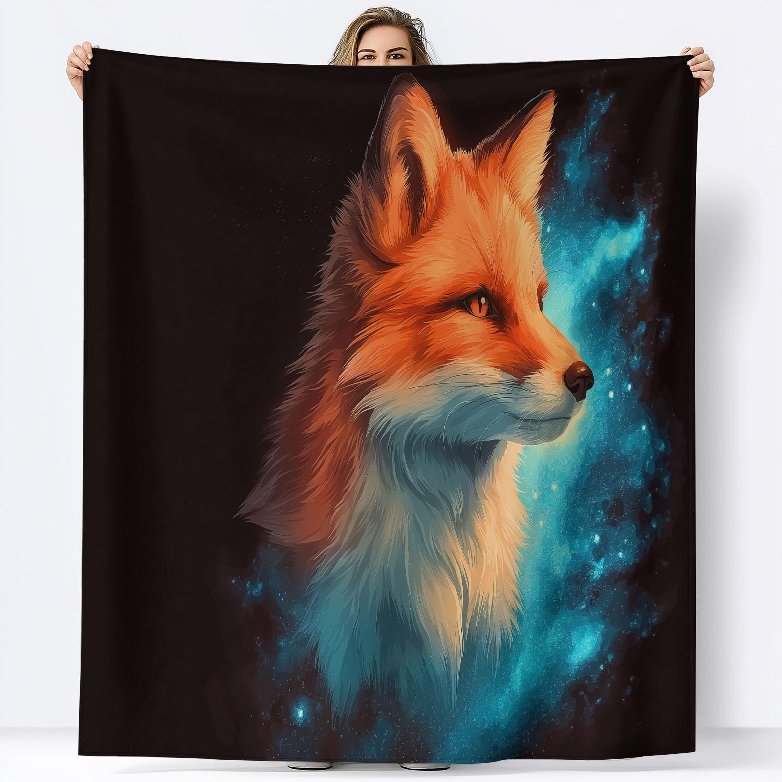 Koc w kratę z czarnym fantastycznym portretem lisa, duży rozmiar, miękki i ciepły flanelowy koc, wygodny dla dzieci i dorosłych, 220 x 240 cm