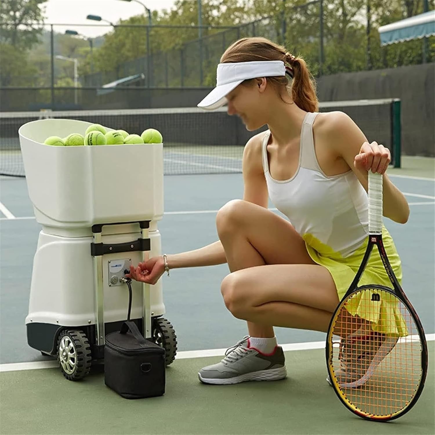 Automatic Tennis Ball Machine,Smartphone Remote-Controlled Tennis Ball Launcher, Tennis Ball Launcher Practice Equipment,Portable Tennis Trainer Shooting Ball Machine,Large Capacity