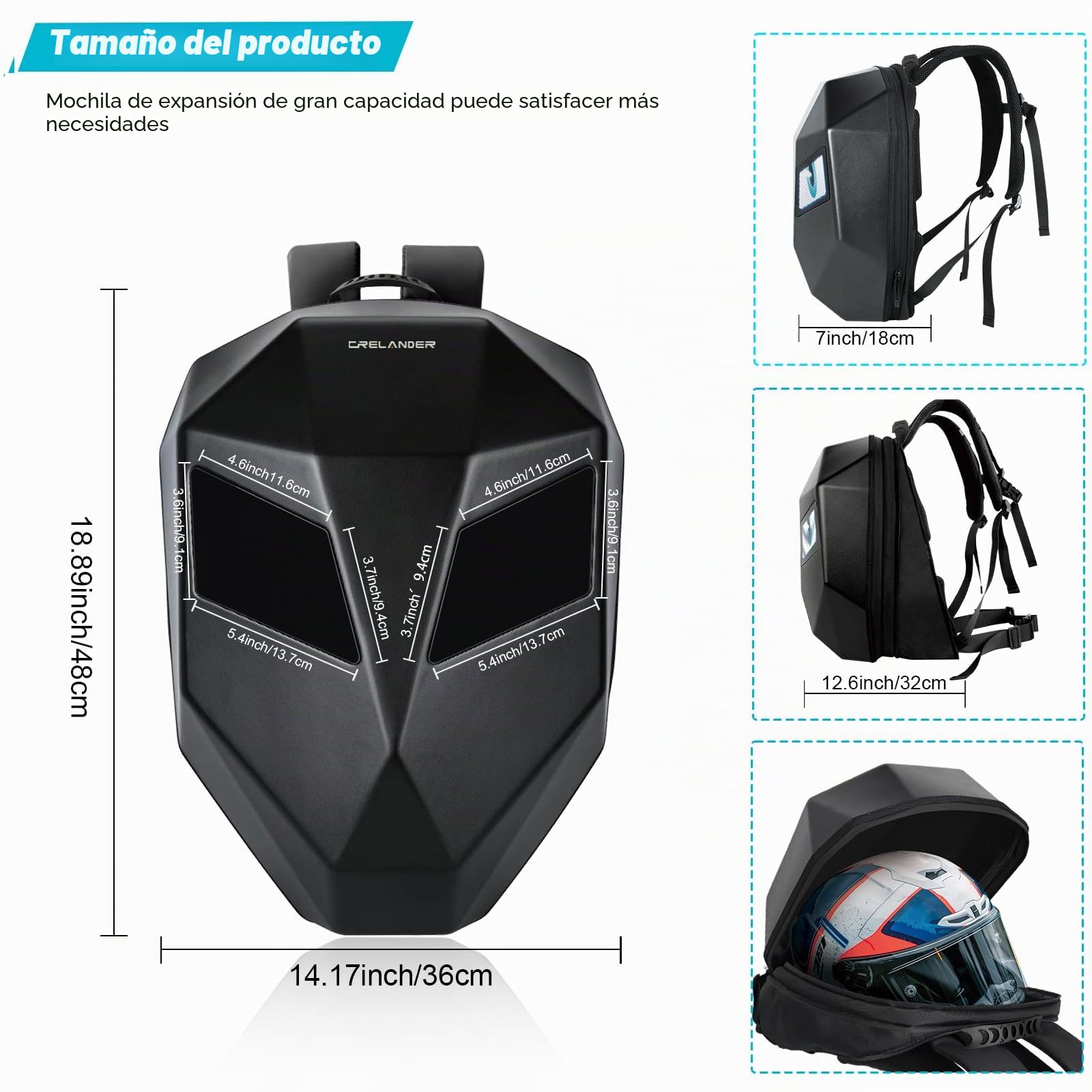 Crelander Mochila para motocicleta, mochila de caballero programable con LED, funda rígida para laptop, mochila para motocicleta, mochila para casco