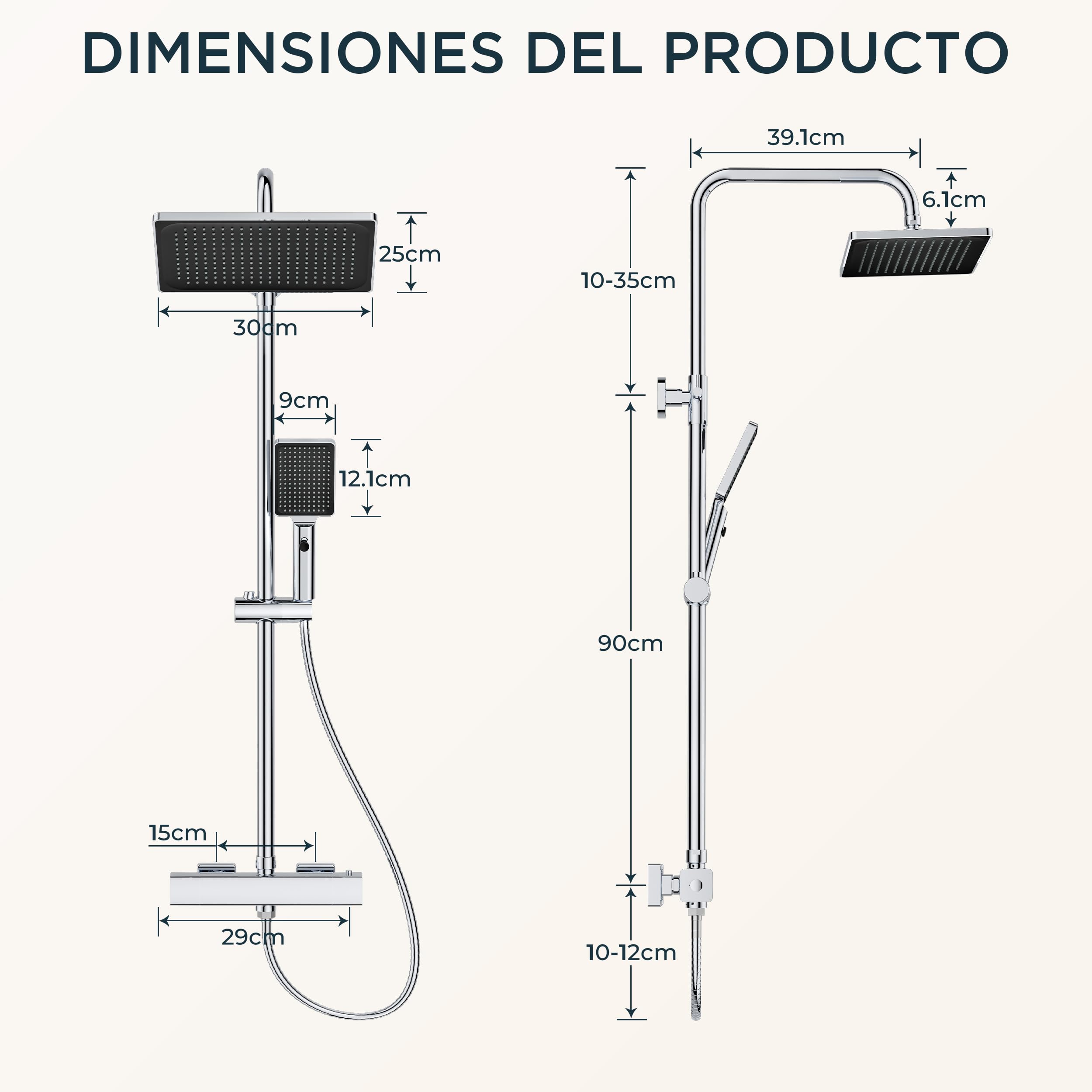 FORIOUS Columna De Ducha Termostática Con Rociador 30 × 20 Cm, Sistema De Ducha 3-En-1 Con Barra Ajustable Y Ducha De Mano Para Mayor Confort