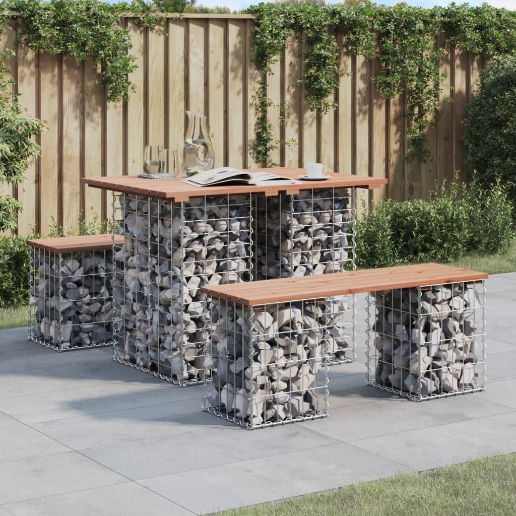 Garden Table Gabion Design 100x70x72 cm Solid Wood Douglas with Galvanized Steel Basket Base for Outdoor Patio and Backyard