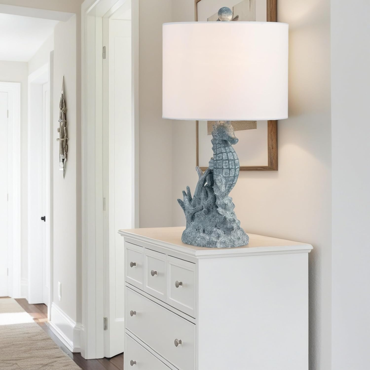 Crestview Collection Coastal Table Lamp, 21" Light Blue Resin Seahorse Lamp with Linen Shade, Ocean Nautical Home Decor for Nightstands or End Table, Beach Style Lamp for Bedroom,Living Room,Hallway