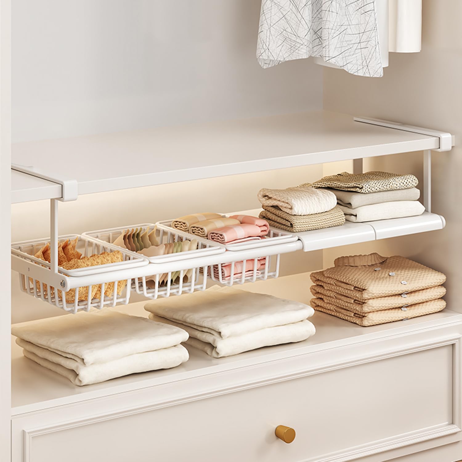Panier de Rangement sous étagère, Étagère de Rangement Extensible sous l'armoire, Tiroir Suspendu sous Étagère pour Cuisine, Bureau, Garde-Manger, Salle de Bain,Blanc,2 Boards 3 Baskets
