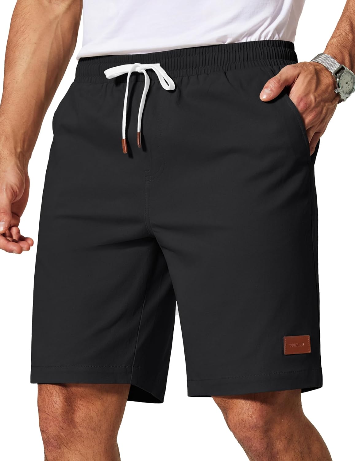 COOFANDY Mens Cotton Chino Shorts 9 Inch Casual Shorts Elastic Waist Drawstring Summer Beach Shorts with Pockets