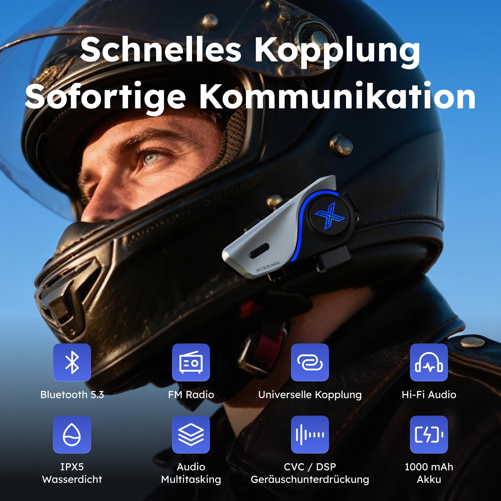 Motorrad Bluetooth Headset mit Audio-Multitasking, 2-Wege-Intercom mit 600m Reichweite, Bluetooth 5.3 Helm Kommunikationssystem mit universeller Kopplung/FM/1000mAh Akku, Einzelpack-D9