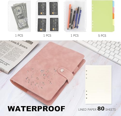 Miniatura 4 de FYY - Cuaderno de 6 anillos de piel sintética con bolsillos, divisores y papel de recarga, agenda de tamaño A5, color rosa