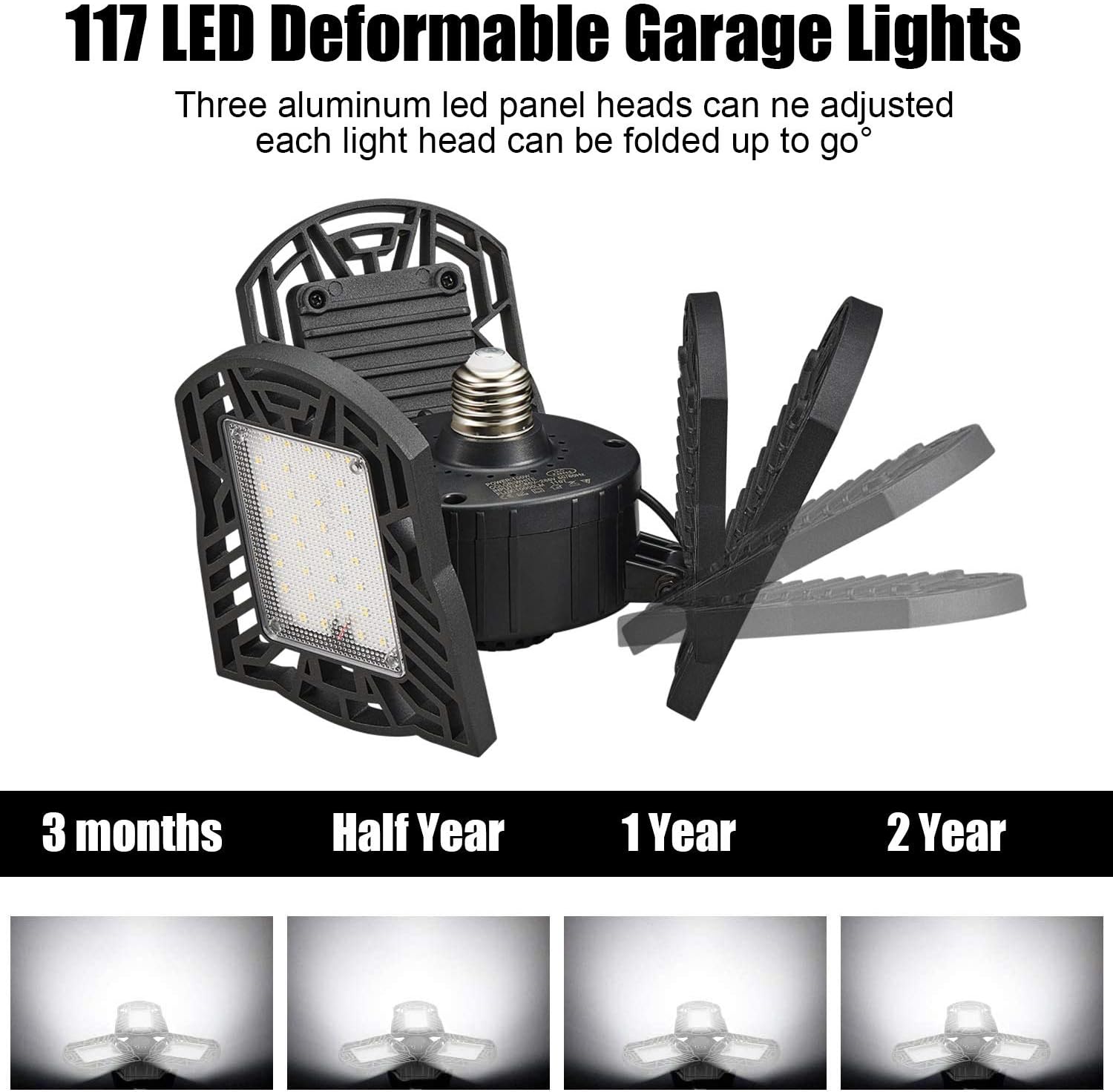 FIMITECH Garage Lights, Super Ultra-Bright Deformable LED Garage Light, 100W 6500K Garage Light Trilight LED Adjustable Light with 3 Panel Led Shop Lights for Garage/Basement/Workshop(Black)