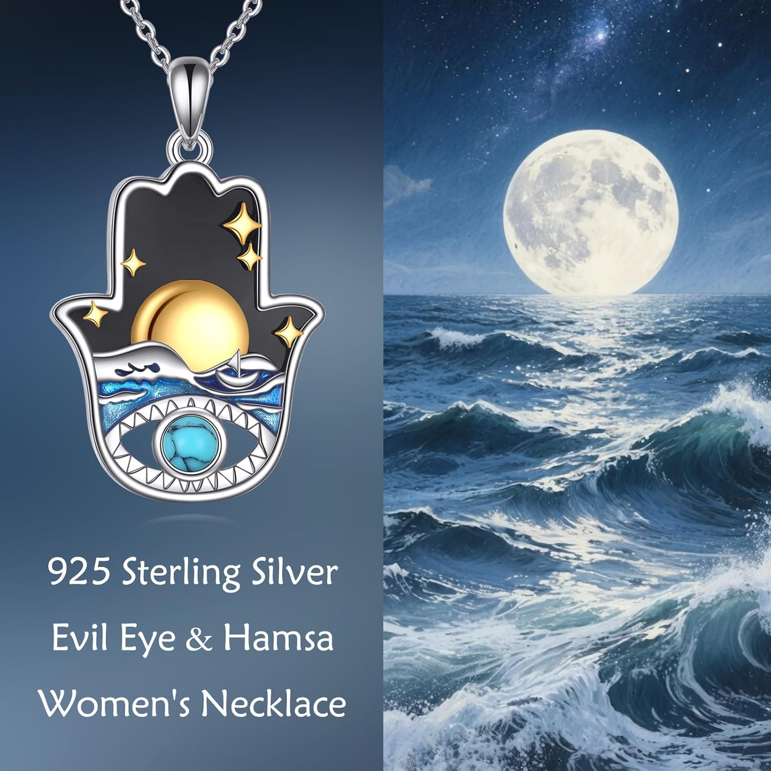 POPLYKE Hamsa Evil Eye Necklace Sterling Silver Sun/Moon Jewelry Ocean Wave Pendant Gifts For Women - Image 5